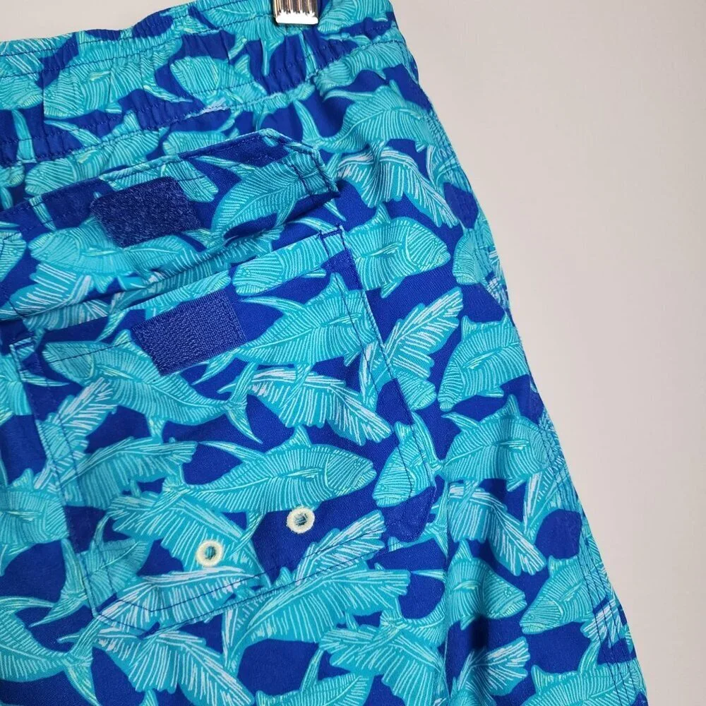 Vineyard Vines Boy M Blue Tropical Leaf Swim Trunks  Elastic Waist Drawstring
